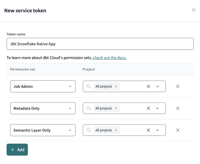 Example of a new service token for the dbt Snowflake Native App Example of a new service token for the dbt Snowflake Native App