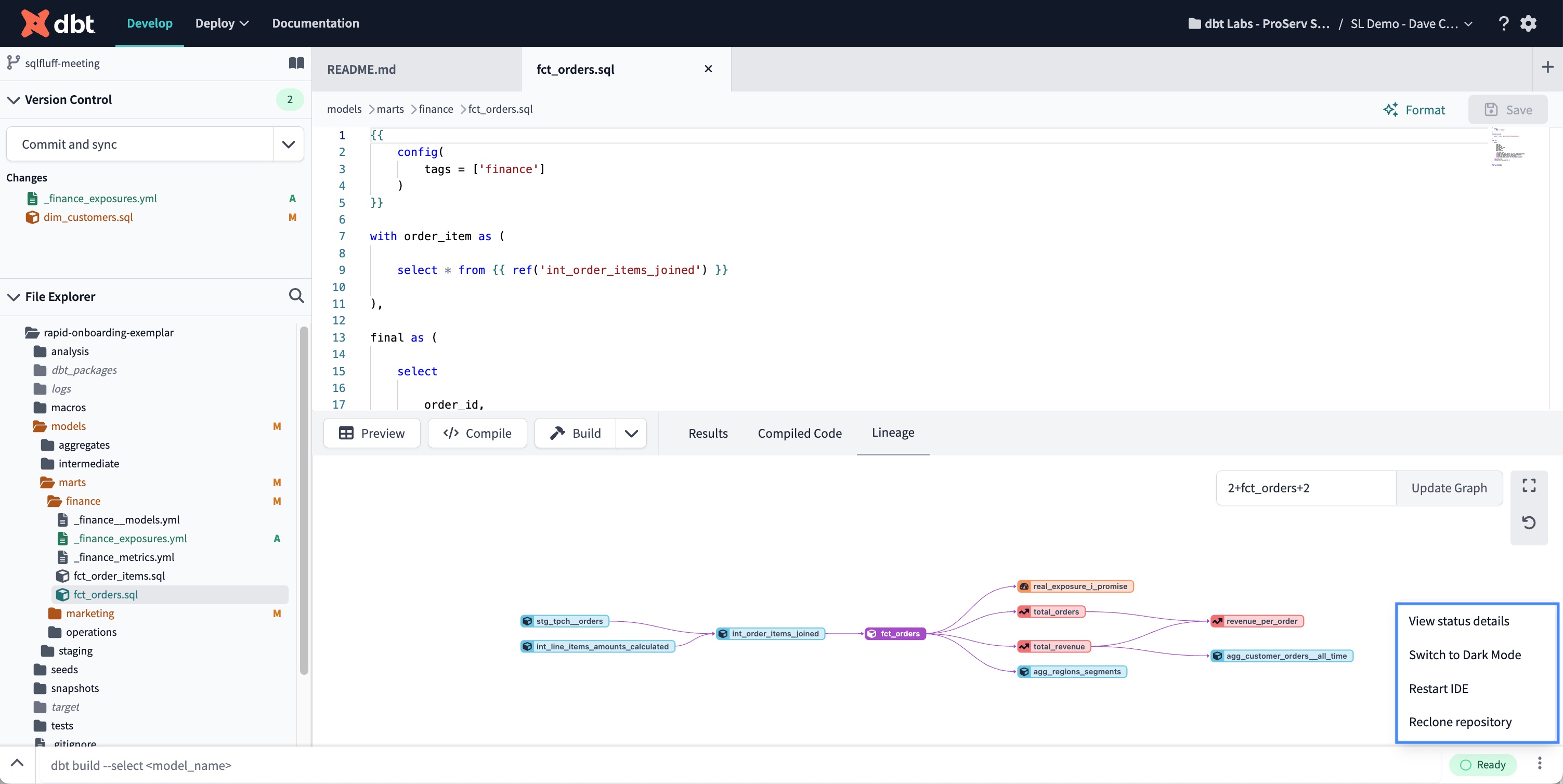 Access the IDE Options menu to switch to dark or light mode, restart the IDE, reclone your repo, or view the IDE status Access the IDE Options menu to switch to dark or light mode, restart the IDE, reclone your repo, or view the IDE status